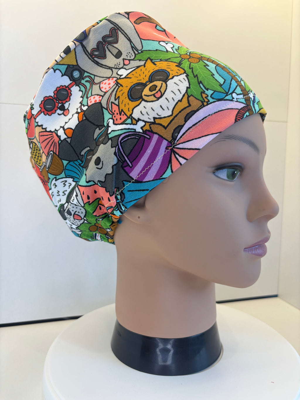 Dogs on Holiday Soft Jersey Fabric theatre scrub cap / hat.  Ethically made.