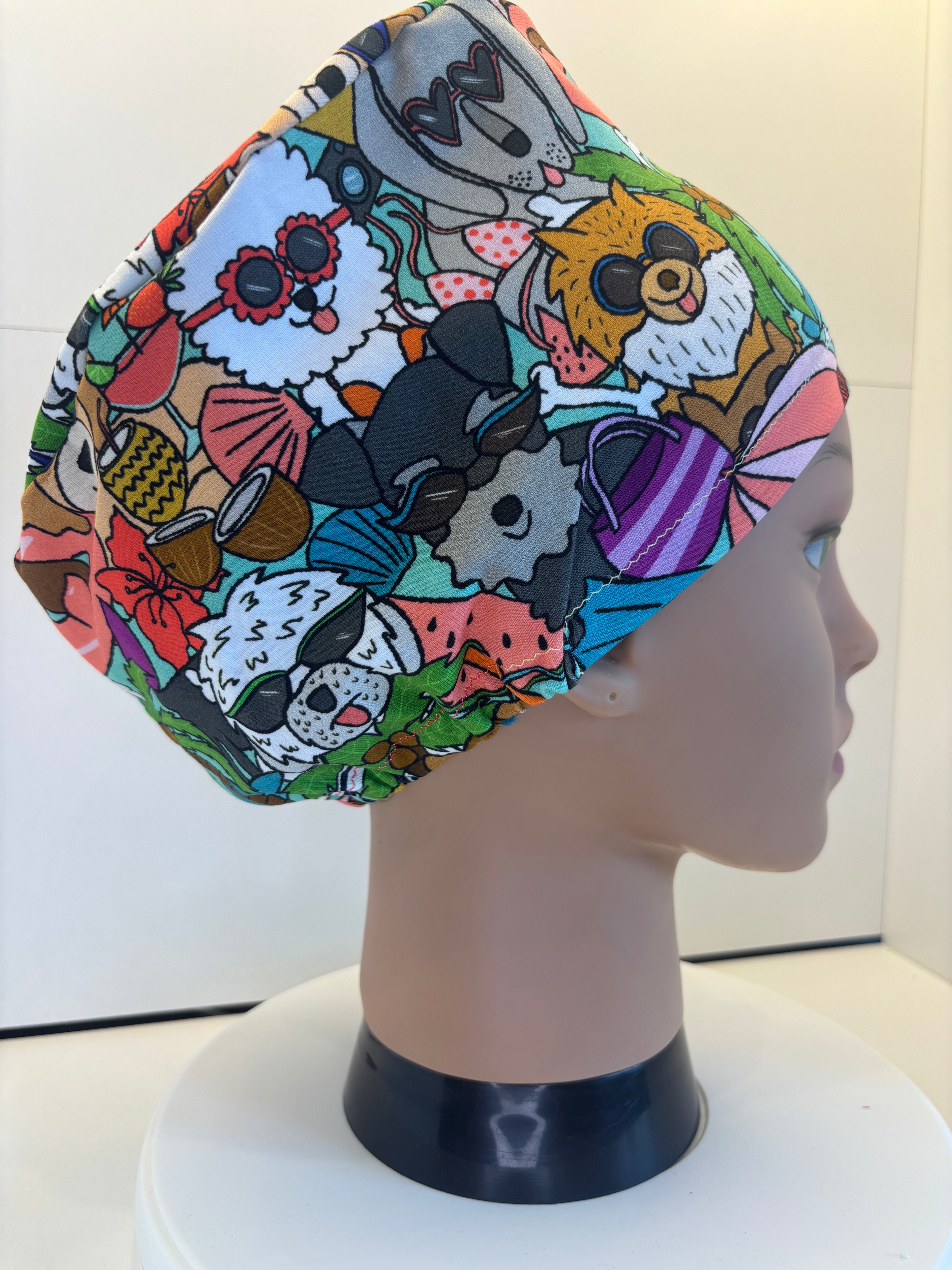 Dogs on Holiday Soft Jersey Fabric theatre scrub cap / hat.  Ethically made.