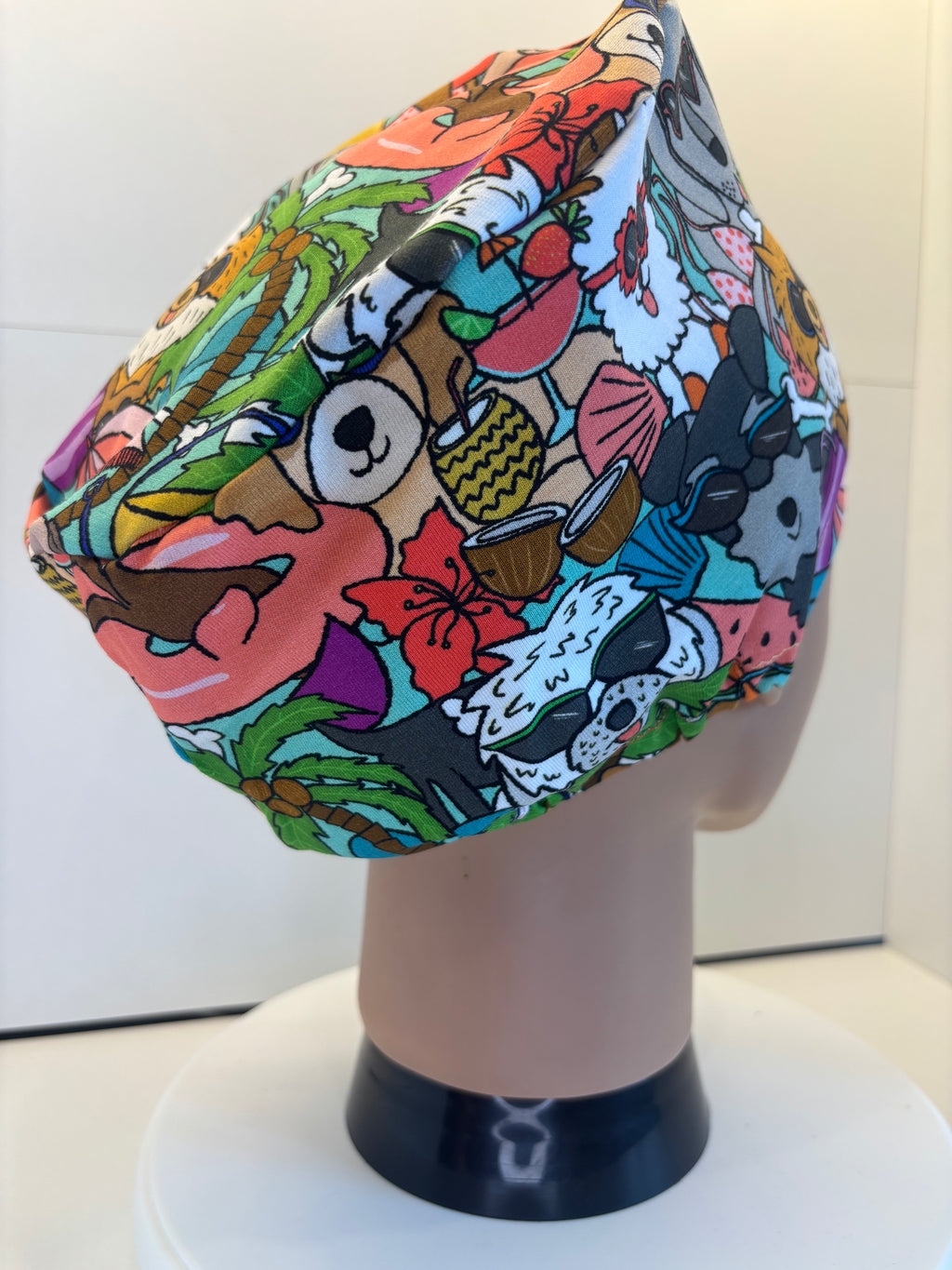 Dogs on Holiday Soft Jersey Fabric theatre scrub cap / hat.  Ethically made.