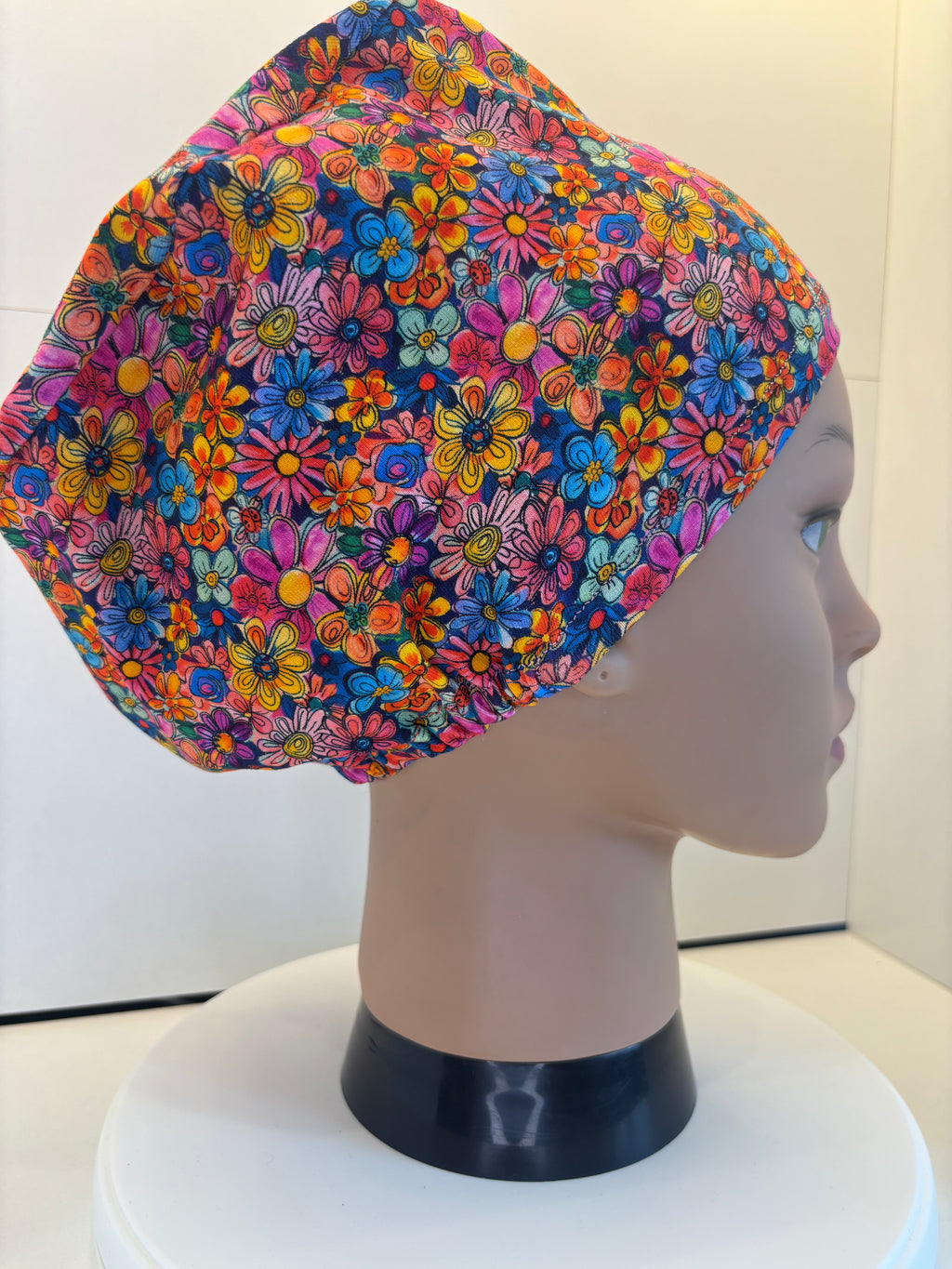 Doodle Flowers Premium Cotton Jersey super soft theatre scrub hat/cap.