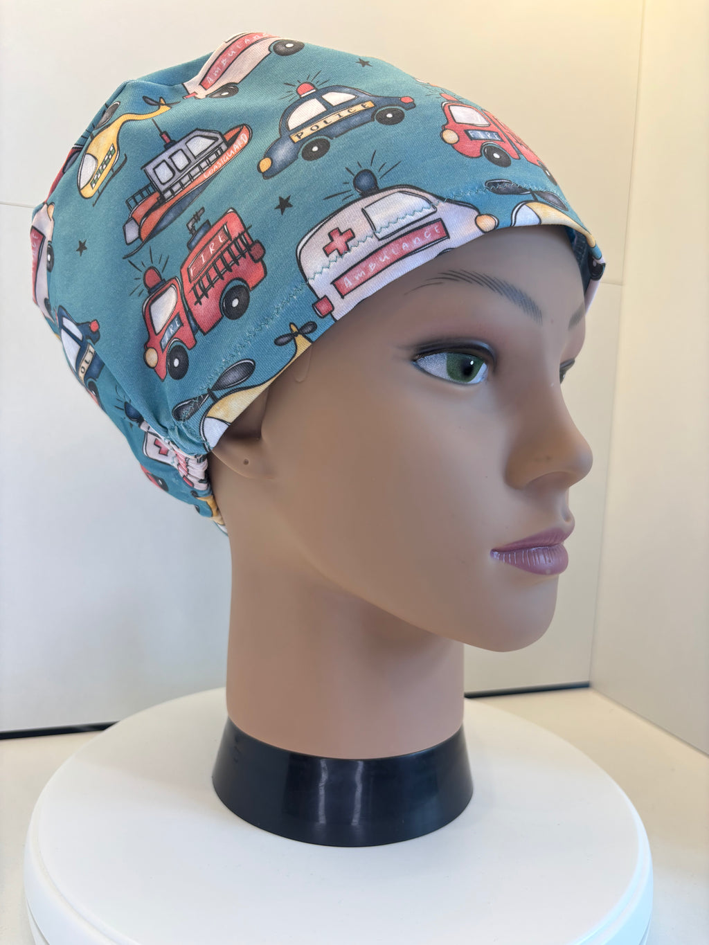 Emergency Vehicles Premium Cotton Jersey super soft theatre scrub hat/cap - Child/ Paediatrics friendly