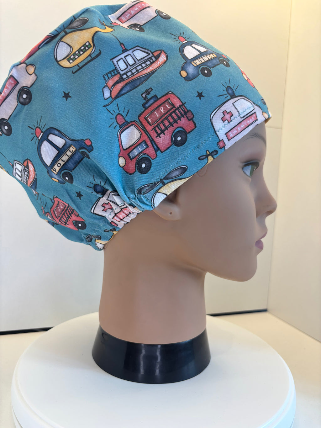 Emergency Vehicles Premium Cotton Jersey super soft theatre scrub hat/cap - Child/ Paediatrics friendly