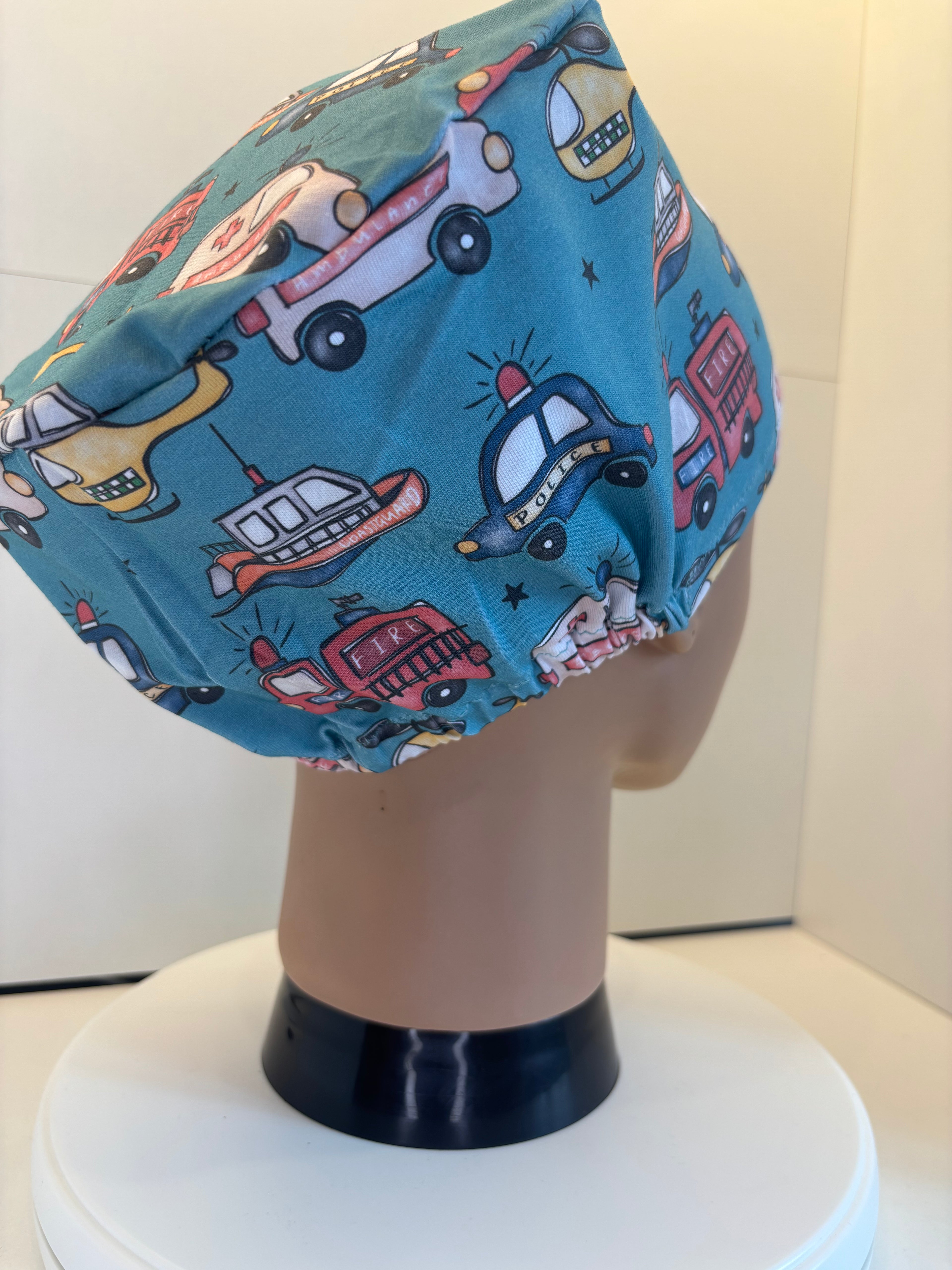 Emergency Vehicles Premium Cotton Jersey super soft theatre scrub hat/cap - Child/ Paediatrics friendly