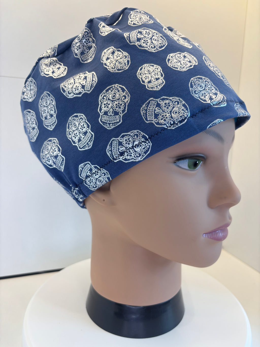 Blue Foil Skulls Premium Cotton Jersey Super Soft Surgical/Theatre Scrub Hat/Cap. UK Handmade