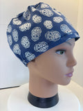 Blue Foil Skulls Premium Cotton Jersey Super Soft Surgical/Theatre Scrub Hat/Cap. UK Handmade