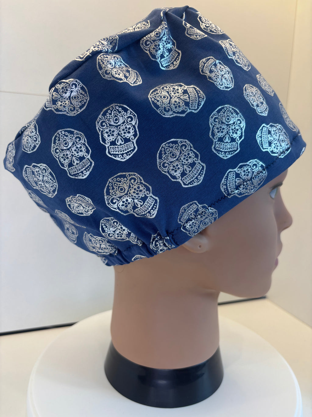 Blue Foil Skulls Premium Cotton Jersey Super Soft Surgical/Theatre Scrub Hat/Cap. UK Handmade