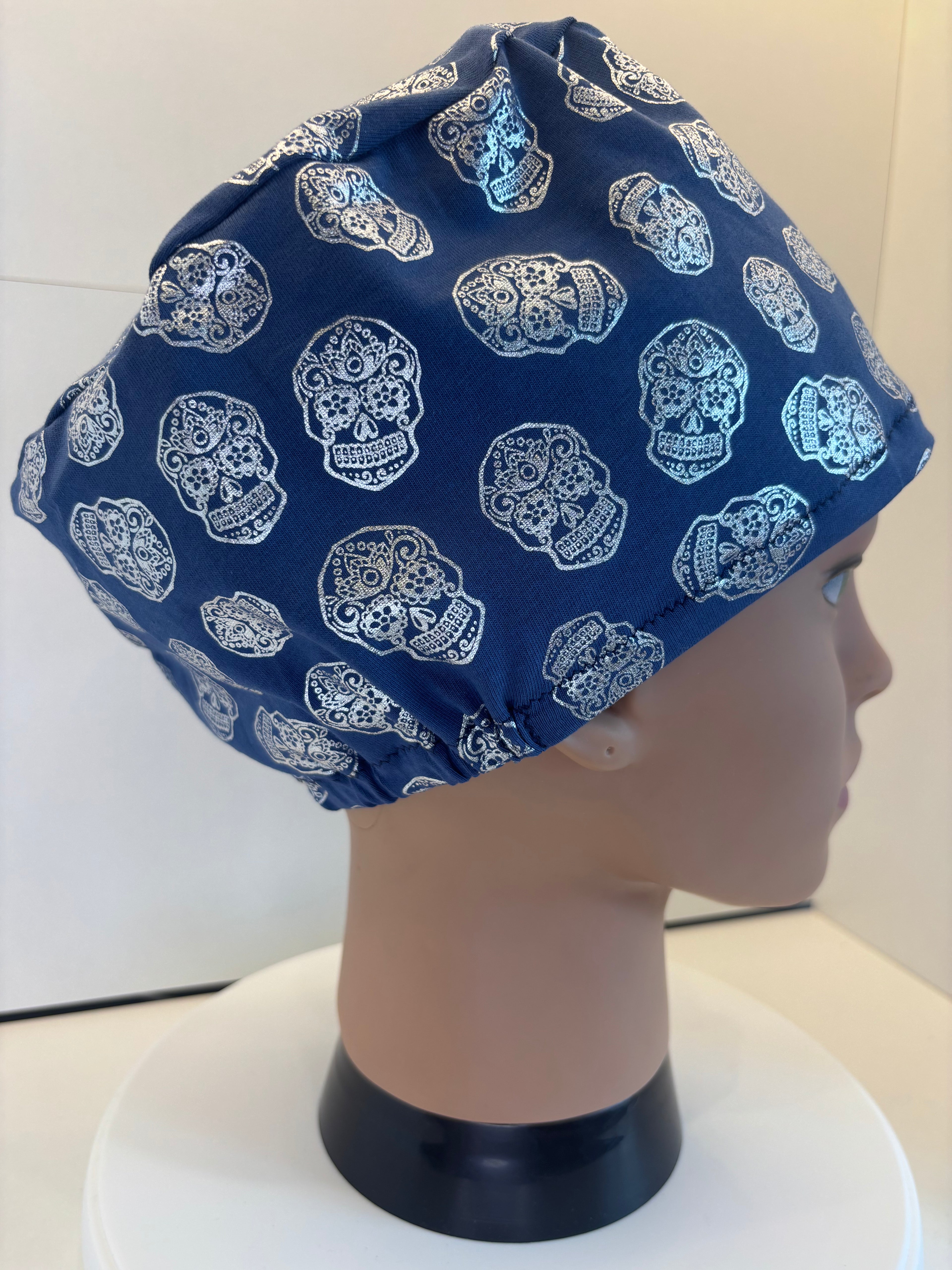 Blue Foil Skulls Premium Cotton Jersey Super Soft Surgical/Theatre Scrub Hat/Cap. UK Handmade