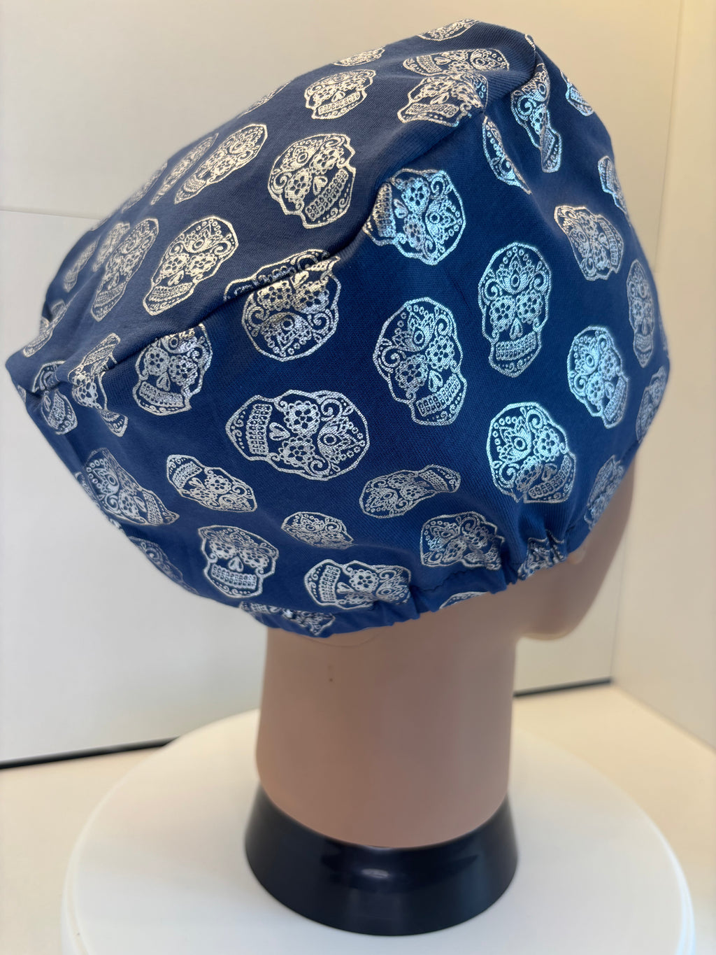 Blue Foil Skulls Premium Cotton Jersey Super Soft Surgical/Theatre Scrub Hat/Cap. UK Handmade