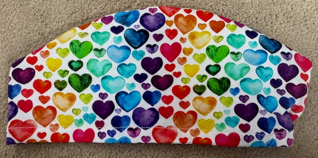 Rainbow Hearts Soft Jersey Fabric theatre scrub cap / hat.  Ethically made. Standard and Large size