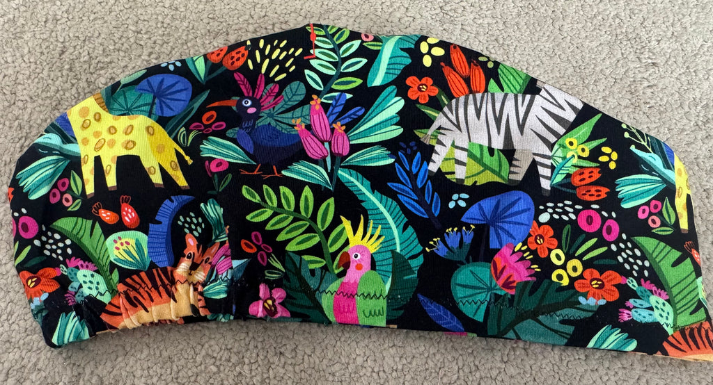 Rainforest Jungle Soft Jersey Fabric theatre scrub cap / hat.  Ethically made. Standard and Large size