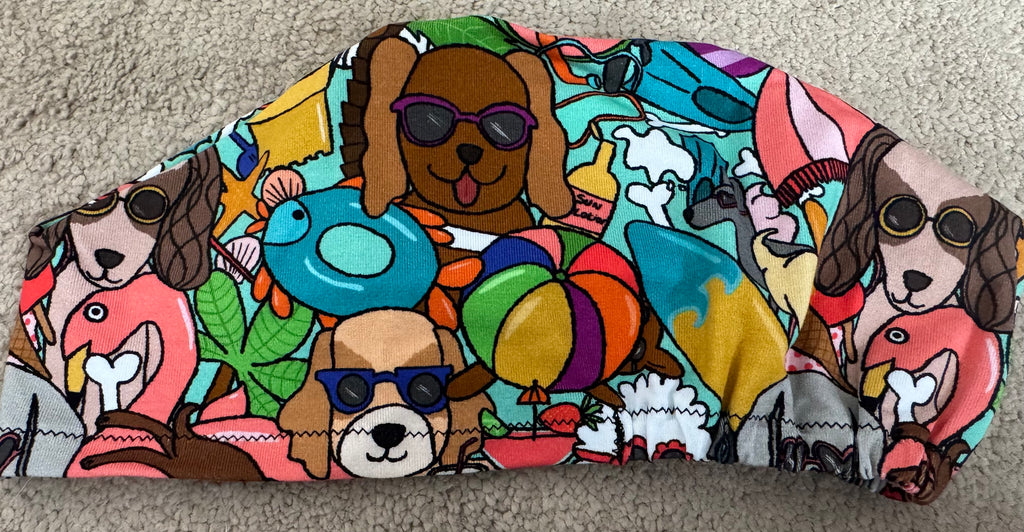 Dogs on Holiday Soft Jersey Fabric theatre scrub cap / hat.  Ethically made. Standard and Large size