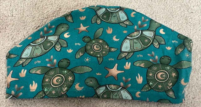 Teal Turtles Soft Jersey Fabric theatre scrub cap / hat.  Ethically made. Standard and Large size