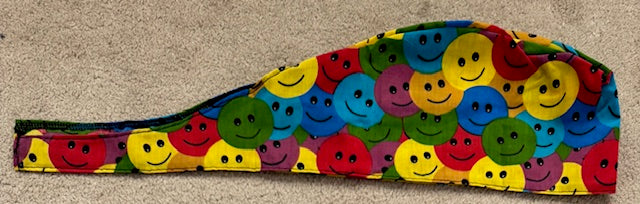 Happy Smiles design Cotton Fabric tie-back theatre scrub cap / hat.  Ethically made.