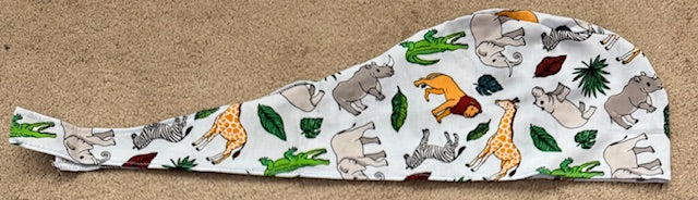 Pale blue Jungle Animals Cotton Fabric tie-back theatre scrub cap / hat.  Ethically made.