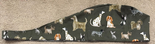 Olive Dogs Cotton Fabric tie-back theatre scrub cap / hat.  Ethically made.