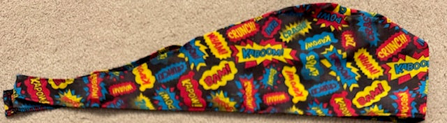WHAM! POW! Superhero design Cotton Fabric tie-back theatre scrub cap / hat.  Ethically made.