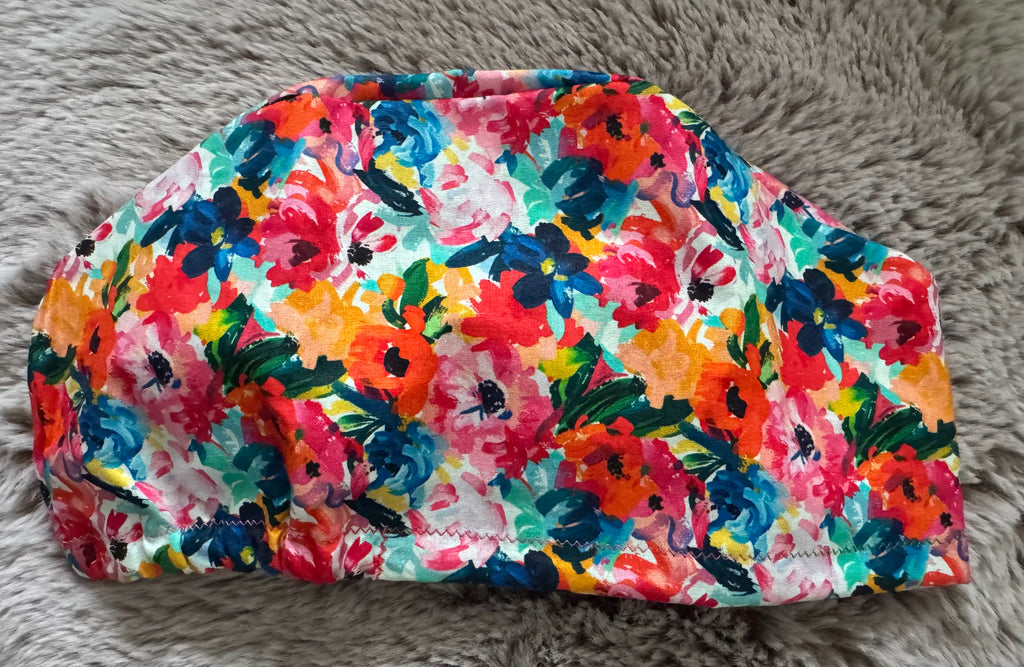 Watercolour Flower design Satin-lined fabric theatre scrub cap / hat.  Ethically made.