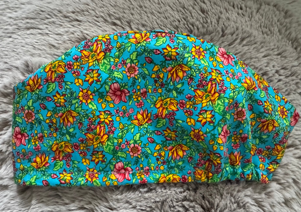 Vibrant Turquoise Floral design Satin-lined fabric theatre scrub cap / hat.  Ethically made.