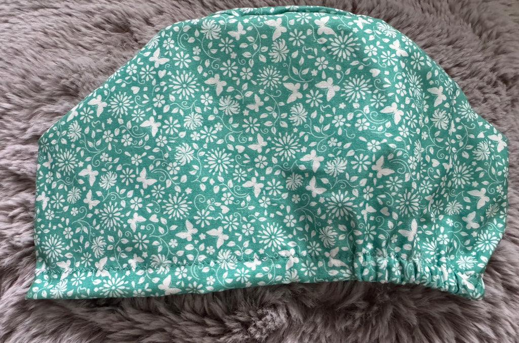 Mint Green Ditsy Flower and Butterfly Satin-lined fabric theatre scrub cap / hat.  Ethically made.