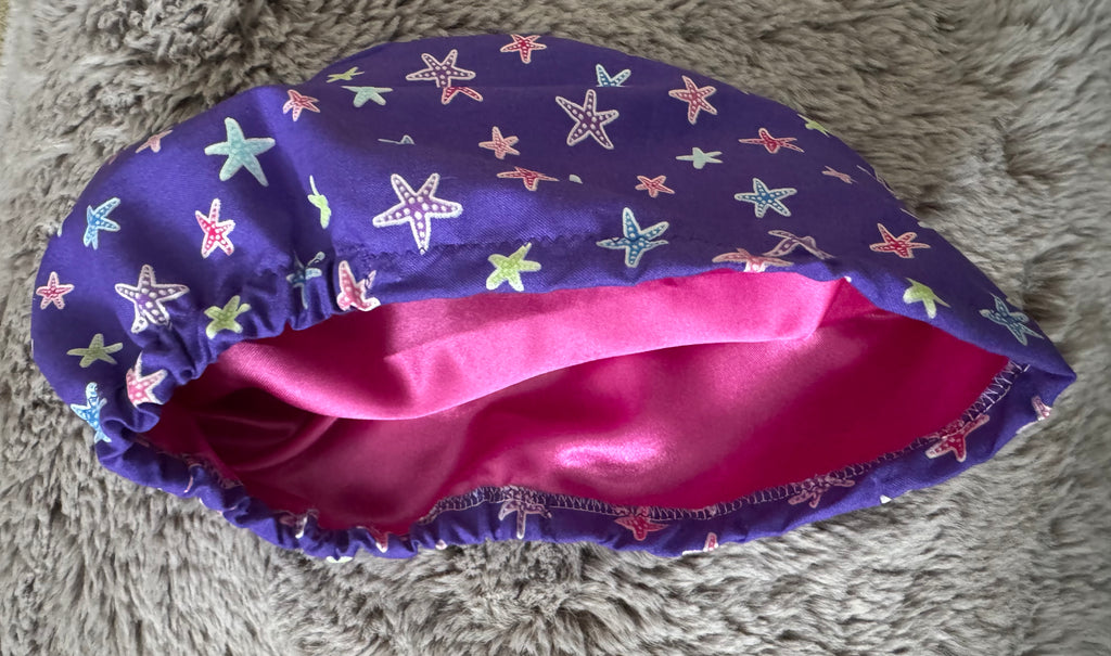 Purple Starfish Satin-lined fabric theatre scrub cap / hat.  Ethically made.