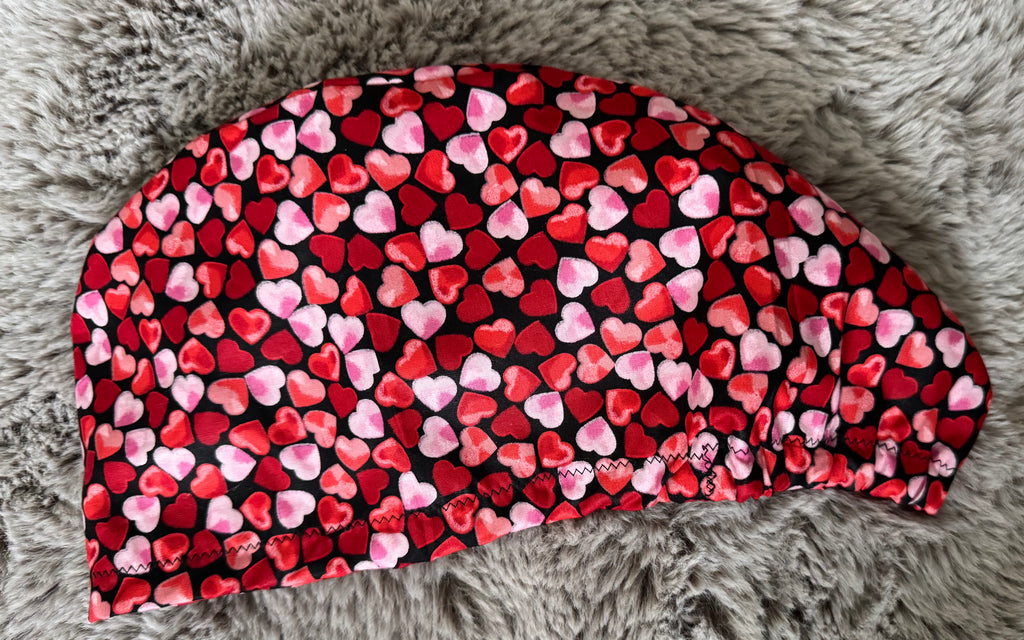 Red and Pink Love Hearts design Satin-lined fabric theatre scrub cap / hat.  Ethically made.