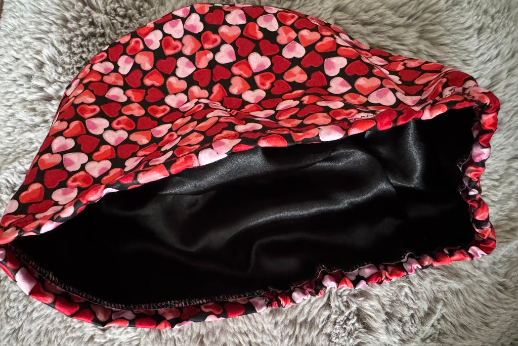 Red and Pink Love Hearts design Satin-lined fabric theatre scrub cap / hat.  Ethically made.