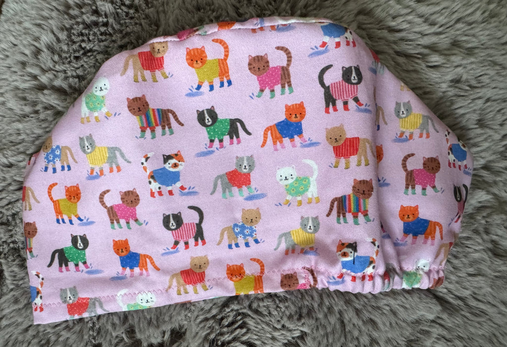Pink Cats in Puddles Satin-lined fabric theatre scrub cap / hat.  Ethically made.