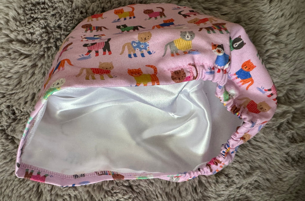Pink Cats in Puddles Satin-lined fabric theatre scrub cap / hat.  Ethically made.