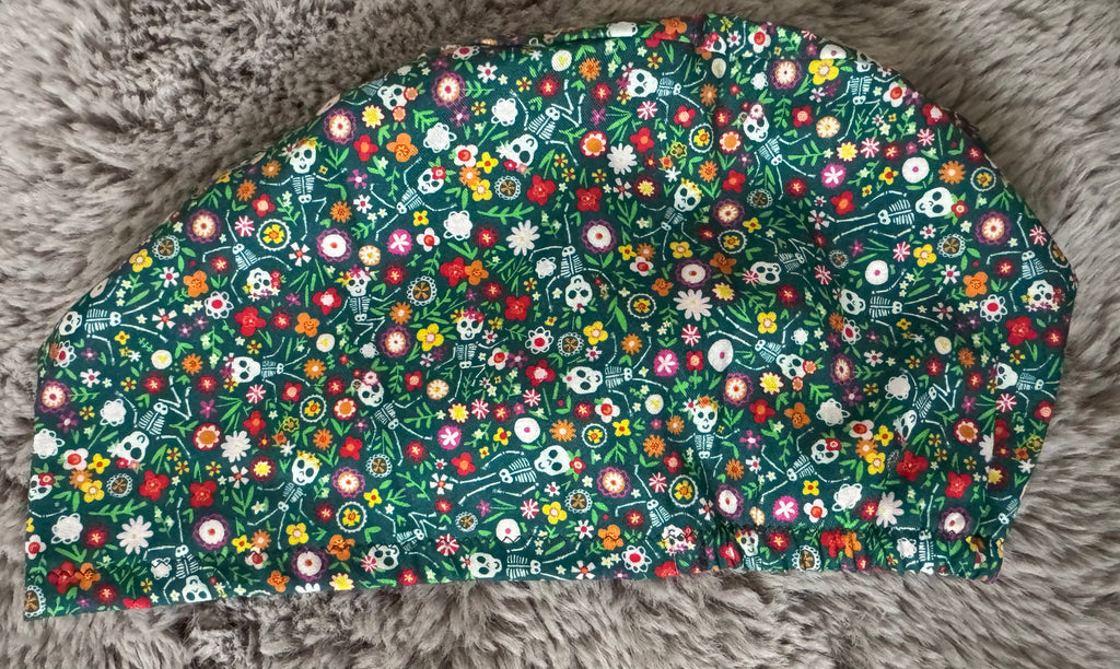 Green floral Skeleton Satin-lined fabric theatre scrub cap / hat