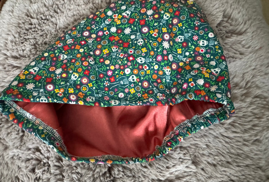 Green floral Skeleton Satin-lined fabric theatre scrub cap / hat