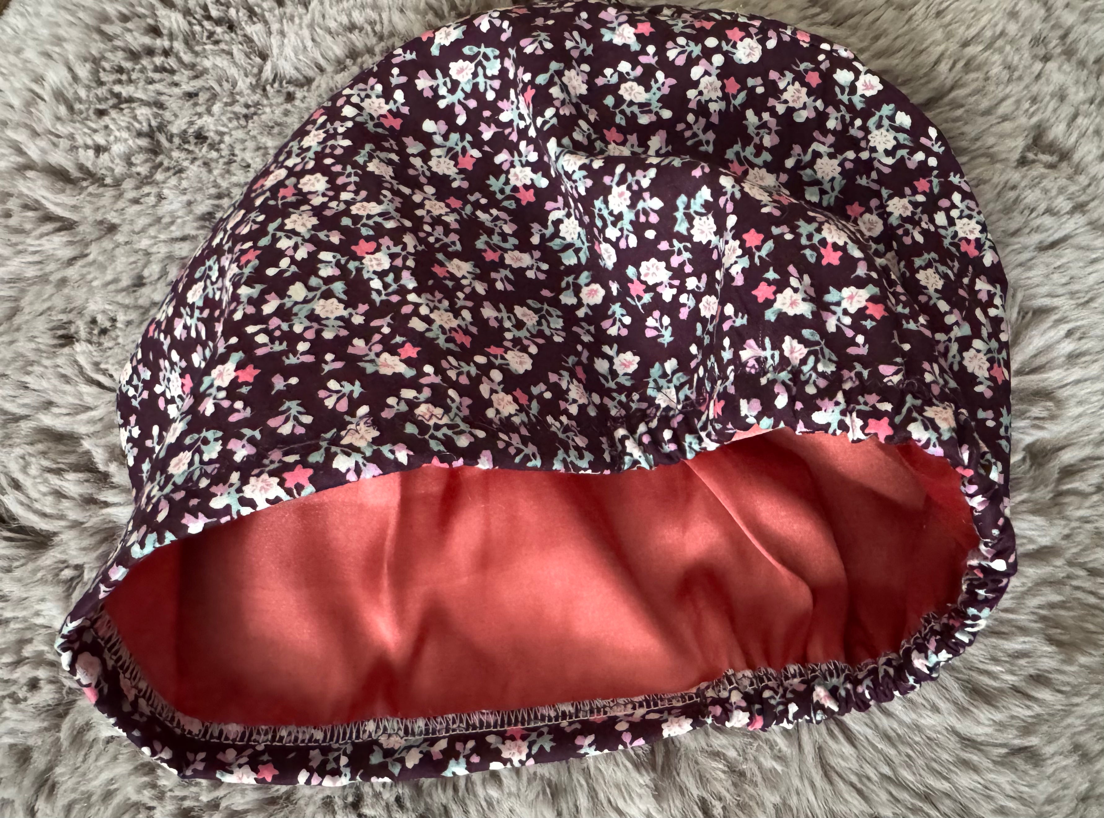 Plum-coloured ditsy floral 100% Cotton fabric theatre scrub cap / hat Optional Satin-lining