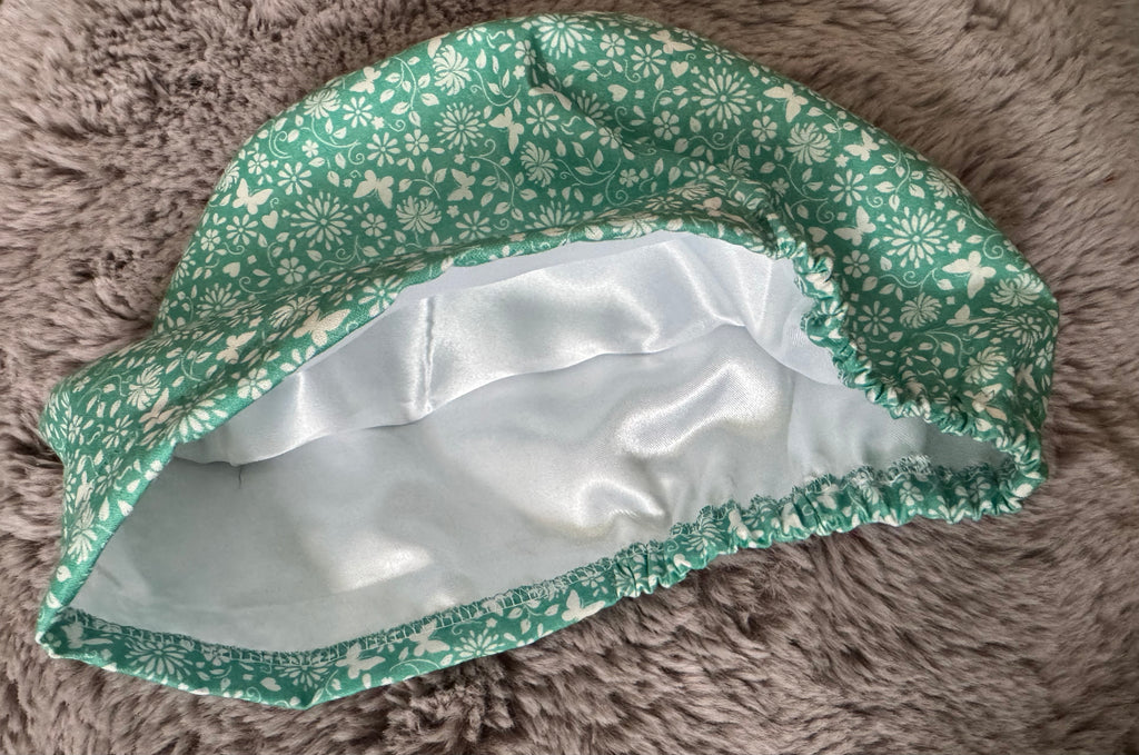 Mint Green Ditsy Flower and Butterfly Satin-lined fabric theatre scrub cap / hat.  Ethically made.