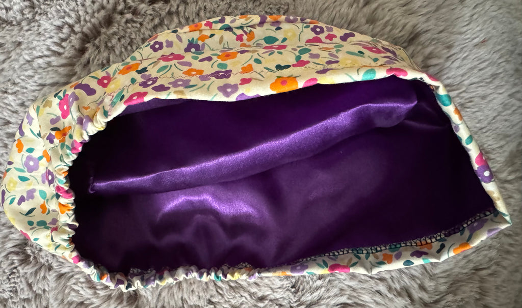 Lemon multi-floral Satin-lined fabric theatre scrub cap / hat.  Ethically made.