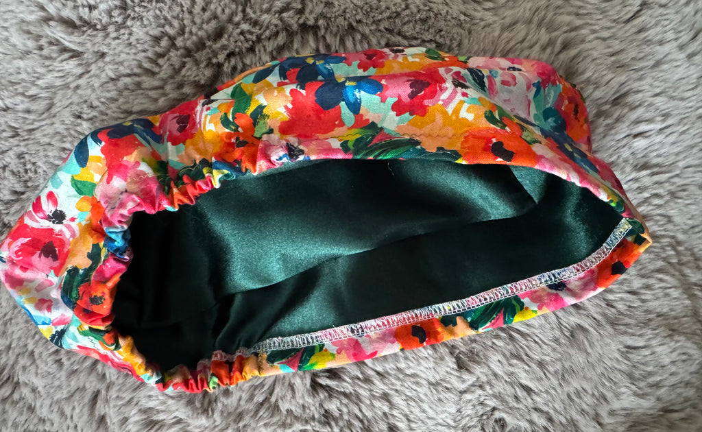 Watercolour Flower design Satin-lined fabric theatre scrub cap / hat.  Ethically made.