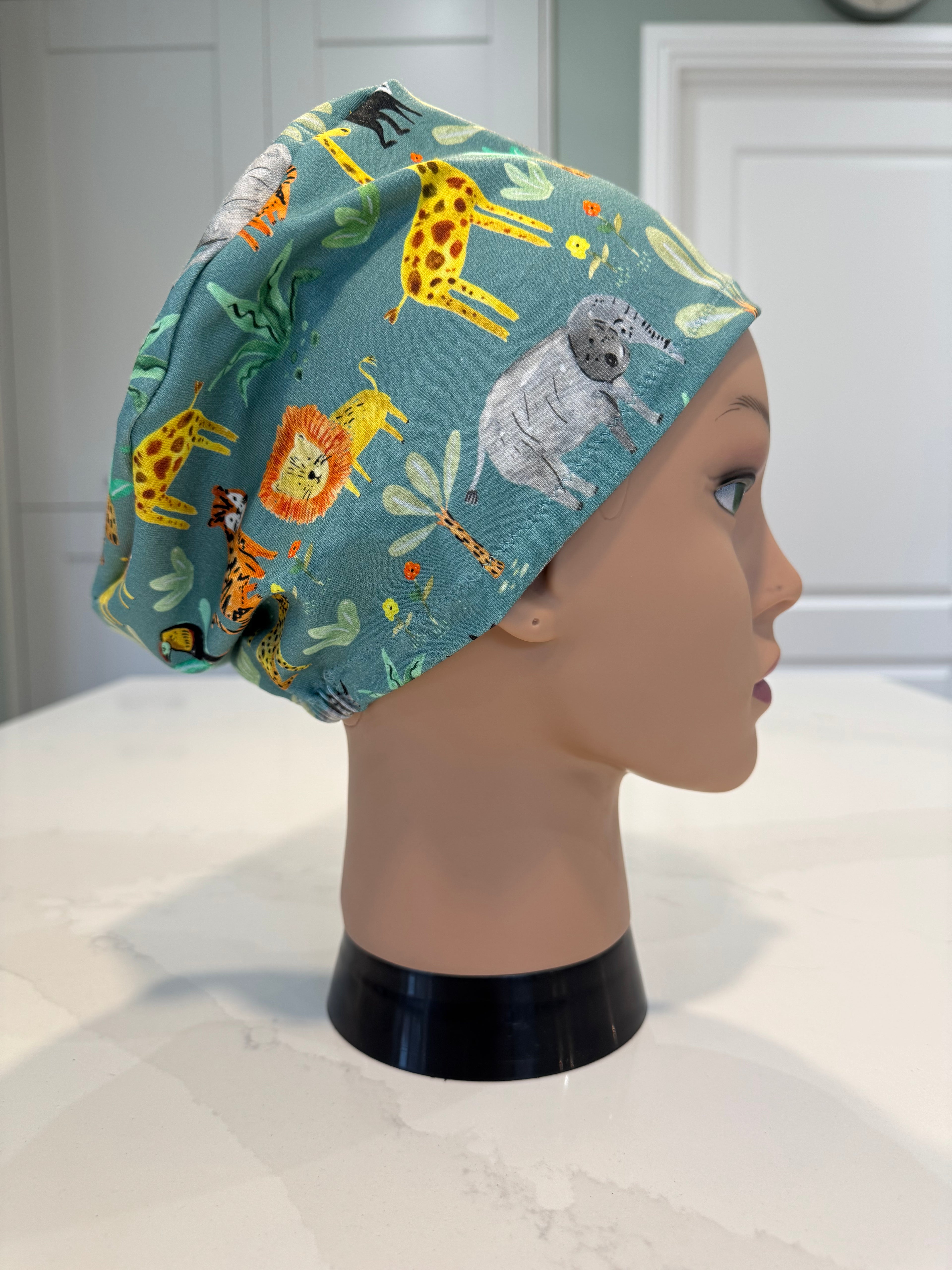 Sage Jungle Animals Soft Jersey Fabric theatre scrub cap / hat.  Ethically made. Standard and Large size