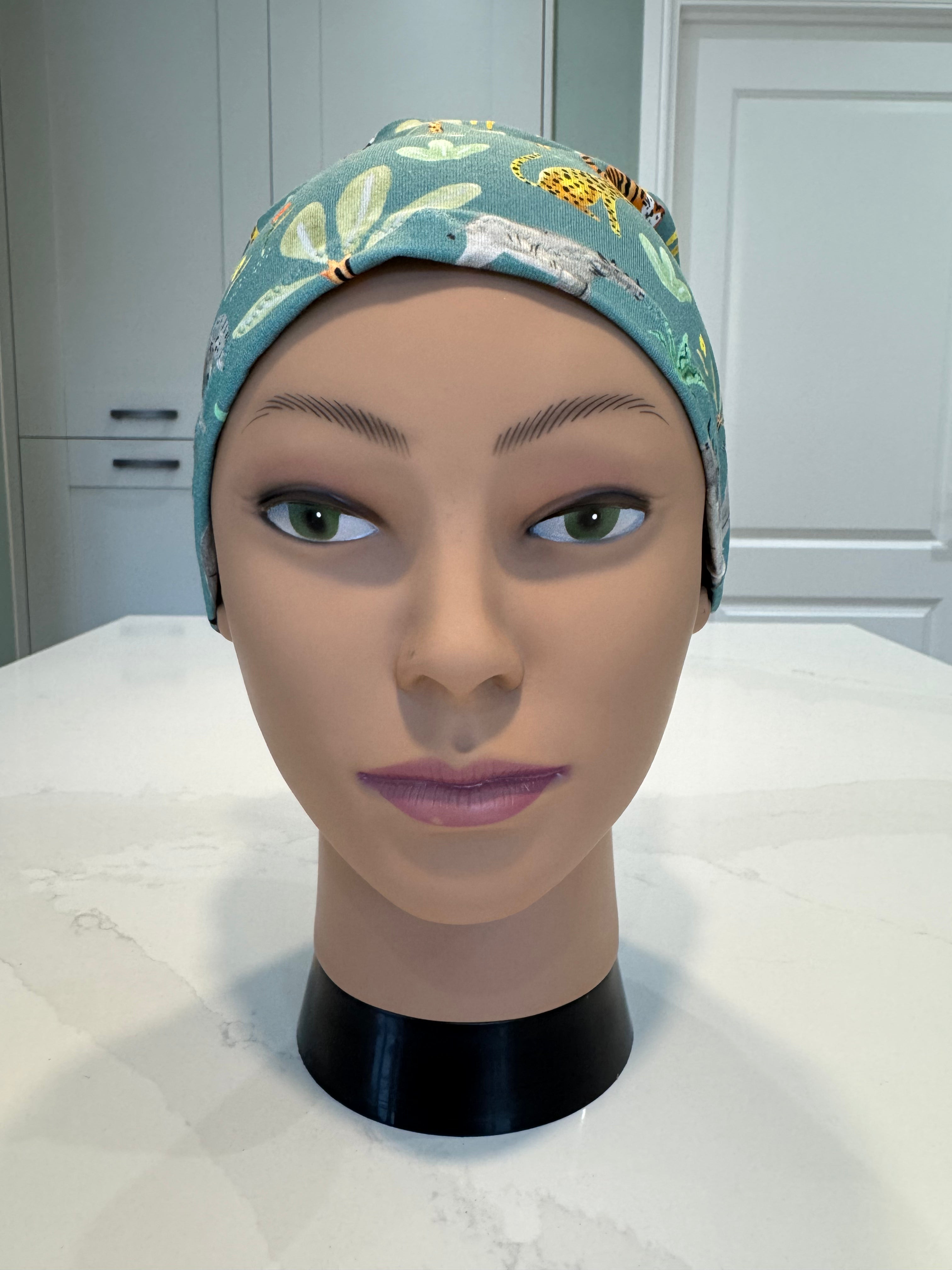 Sage Jungle Animals Soft Jersey Fabric theatre scrub cap / hat.  Ethically made. Standard and Large size