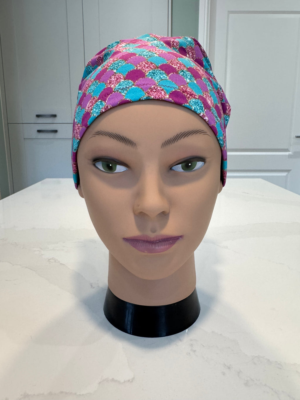Pink Mermaid Scales Soft Jersey Fabric theatre scrub cap / hat.  Ethically made. Standard and Large size