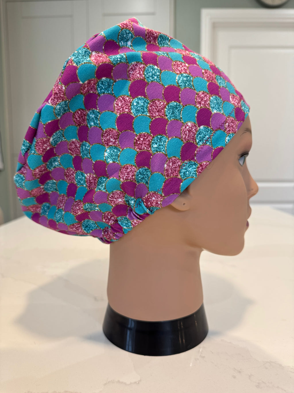 Pink Mermaid Scales Soft Jersey Fabric theatre scrub cap / hat.  Ethically made. Standard and Large size