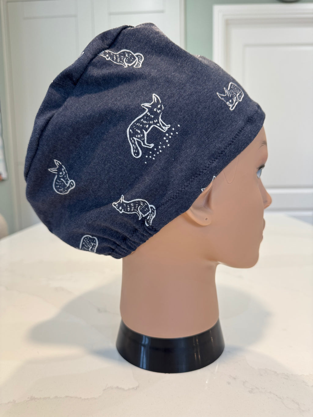 Navy Foxes Super Soft Jersey Fabric theatre scrub cap / hat.  Ethically made. Standard and Large size