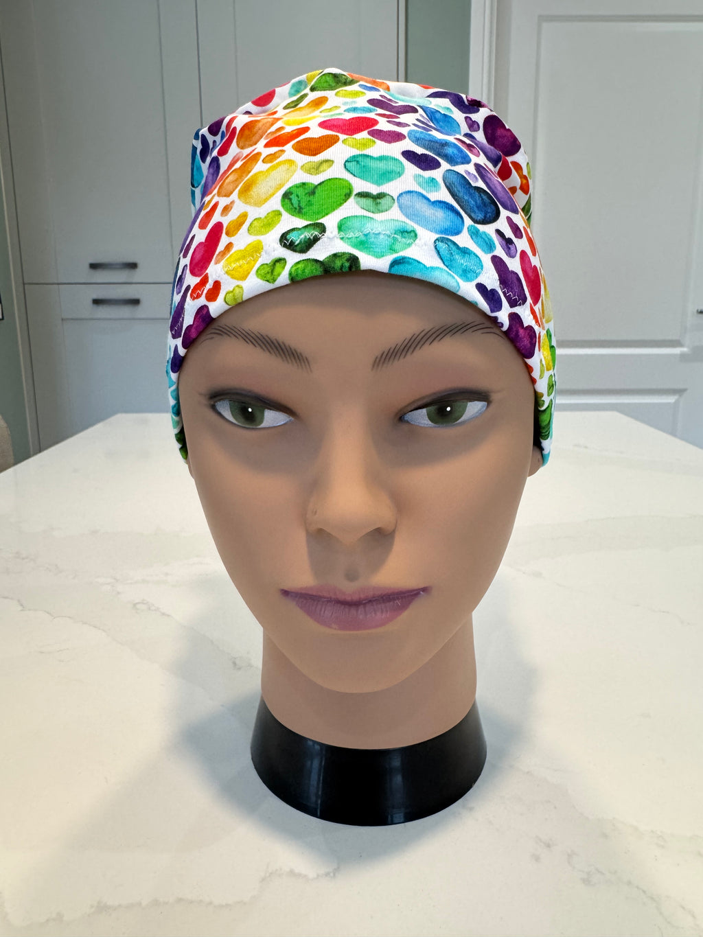 Rainbow Hearts Soft Jersey Fabric theatre scrub cap / hat.  Ethically made. Standard and Large size