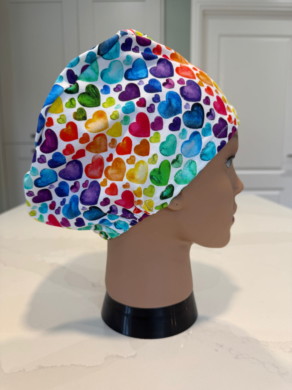 Rainbow Hearts Soft Jersey Fabric theatre scrub cap / hat.  Ethically made. Standard and Large size