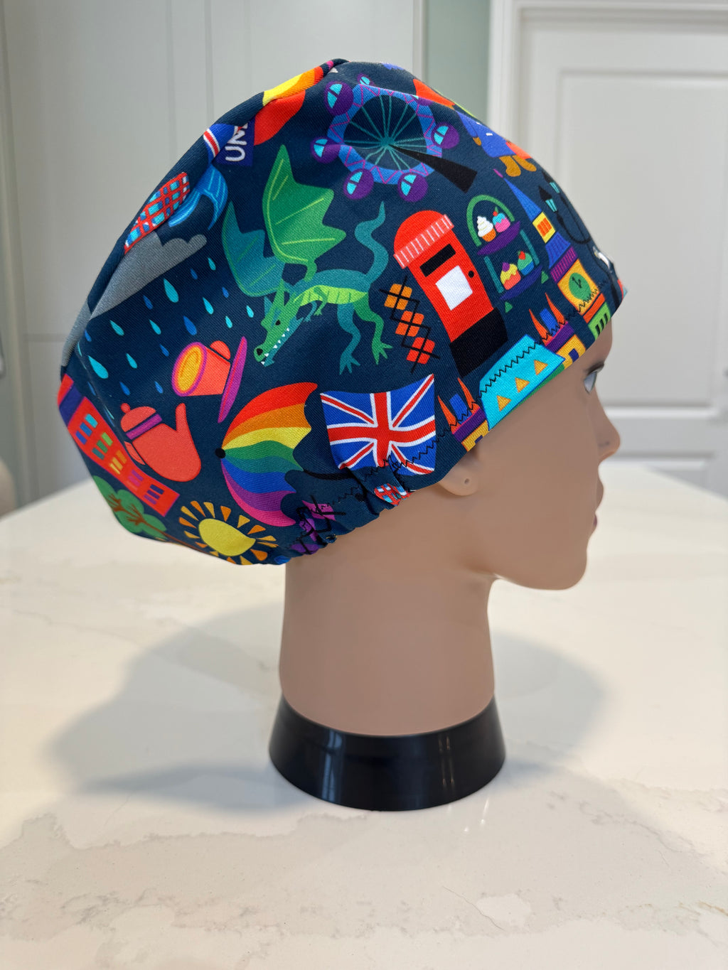 London themed Navy Soft Jersey Fabric theatre scrub cap / hat.  Ethically made. Standard and Large size