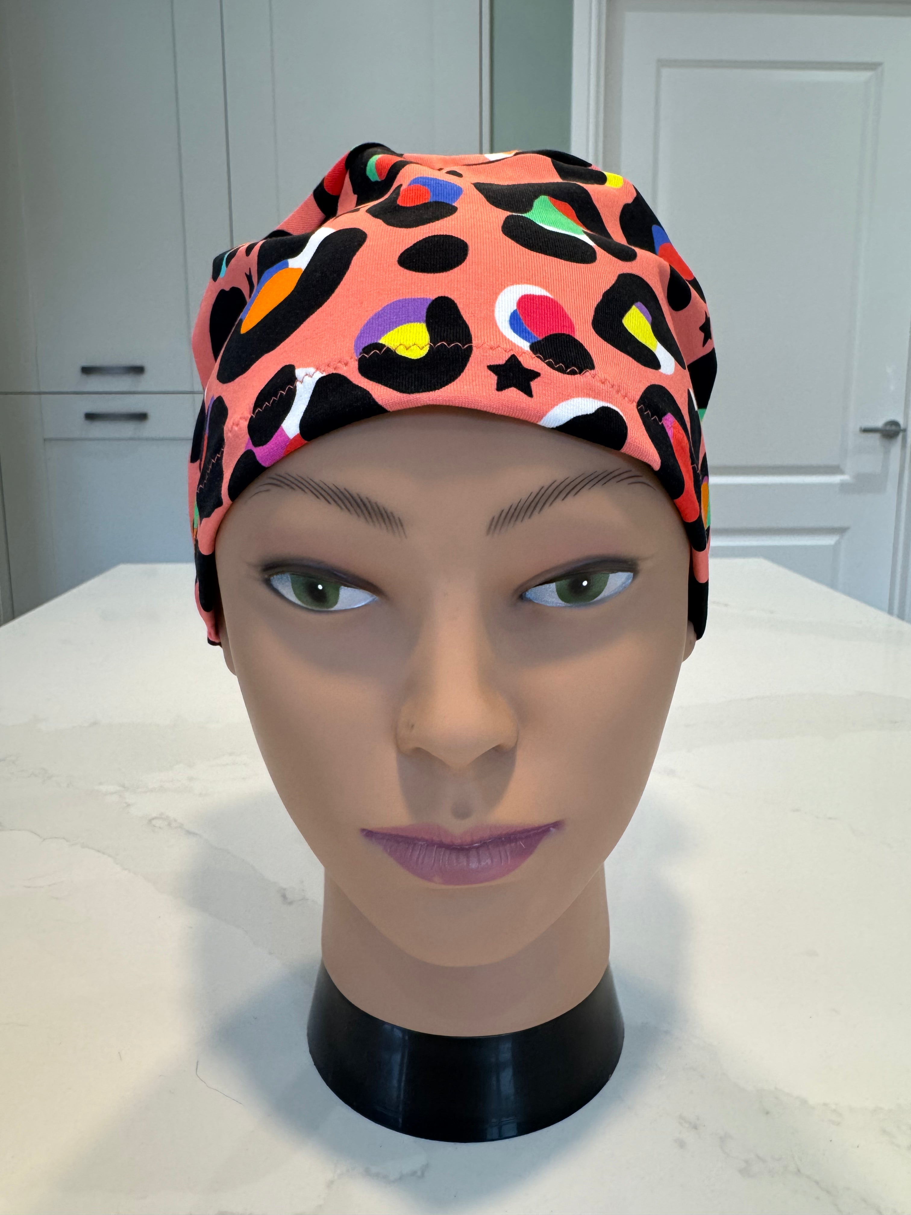 Coral Leopard Print Soft Jersey Fabric theatre scrub cap / hat.  Ethically made. Standard and Large size