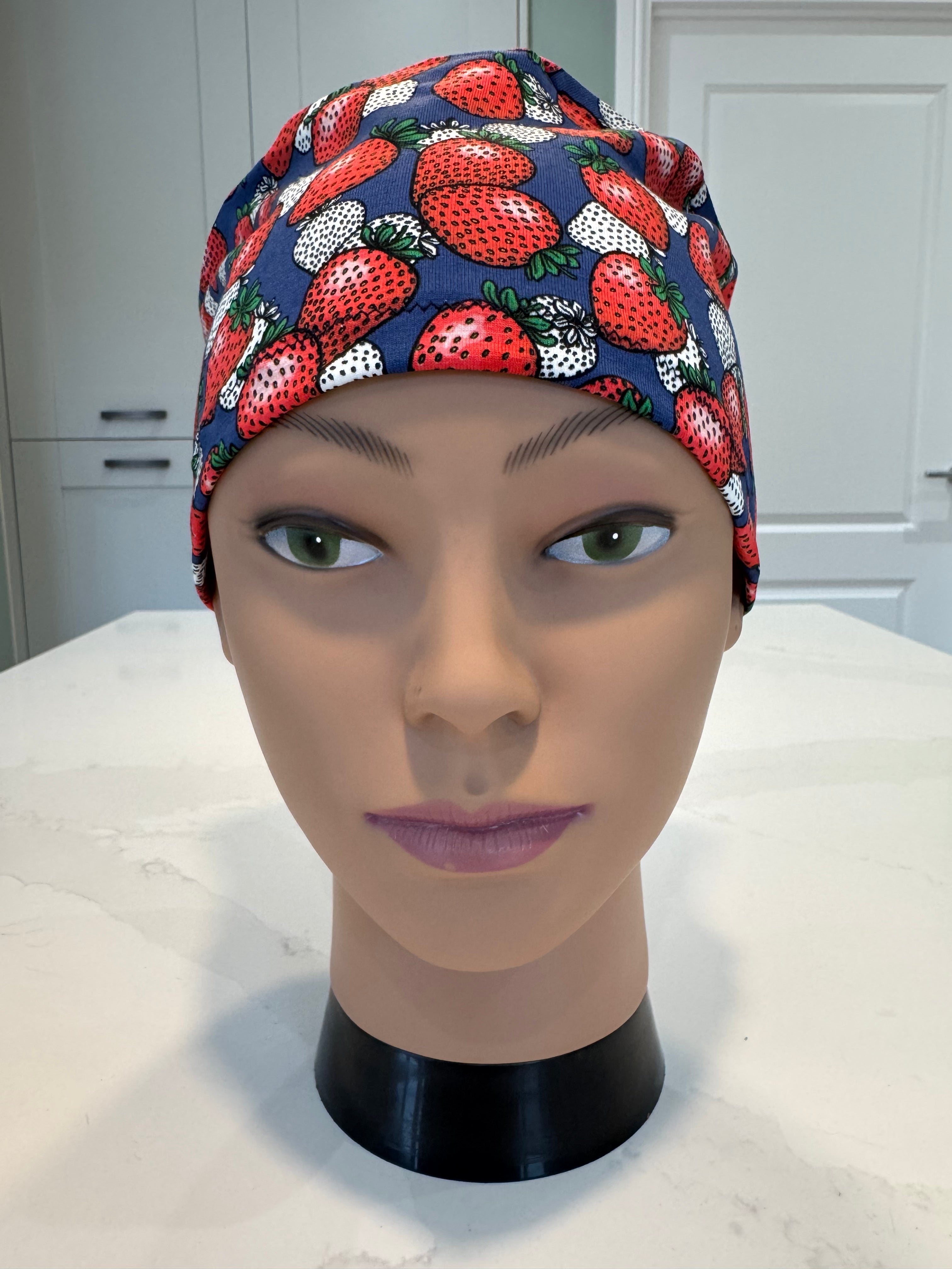 Navy Strawberries Soft Jersey Fabric theatre scrub cap / hat.  Ethically made. Standard and Large size