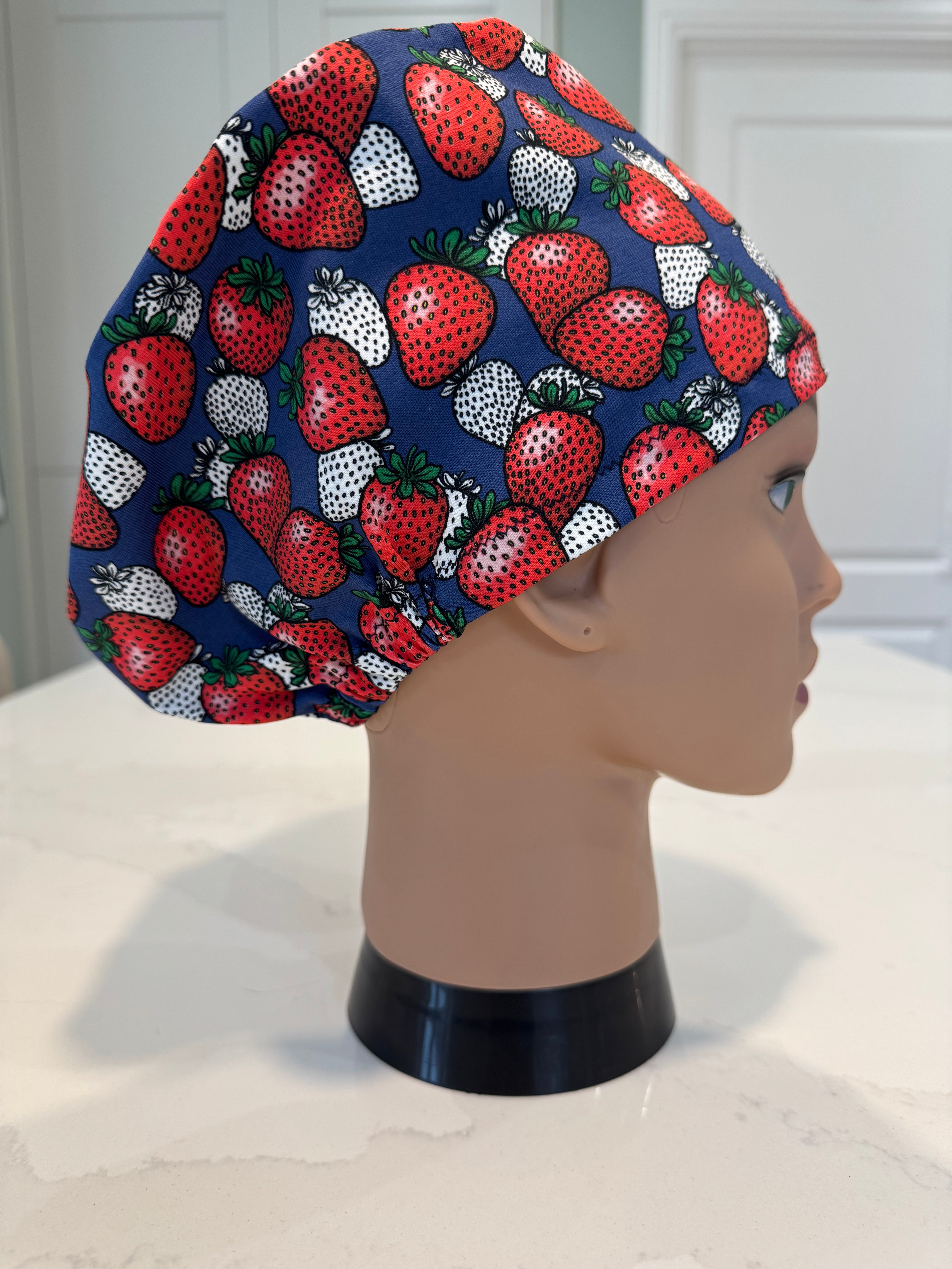 Navy Strawberries Soft Jersey Fabric theatre scrub cap / hat.  Ethically made. Standard and Large size