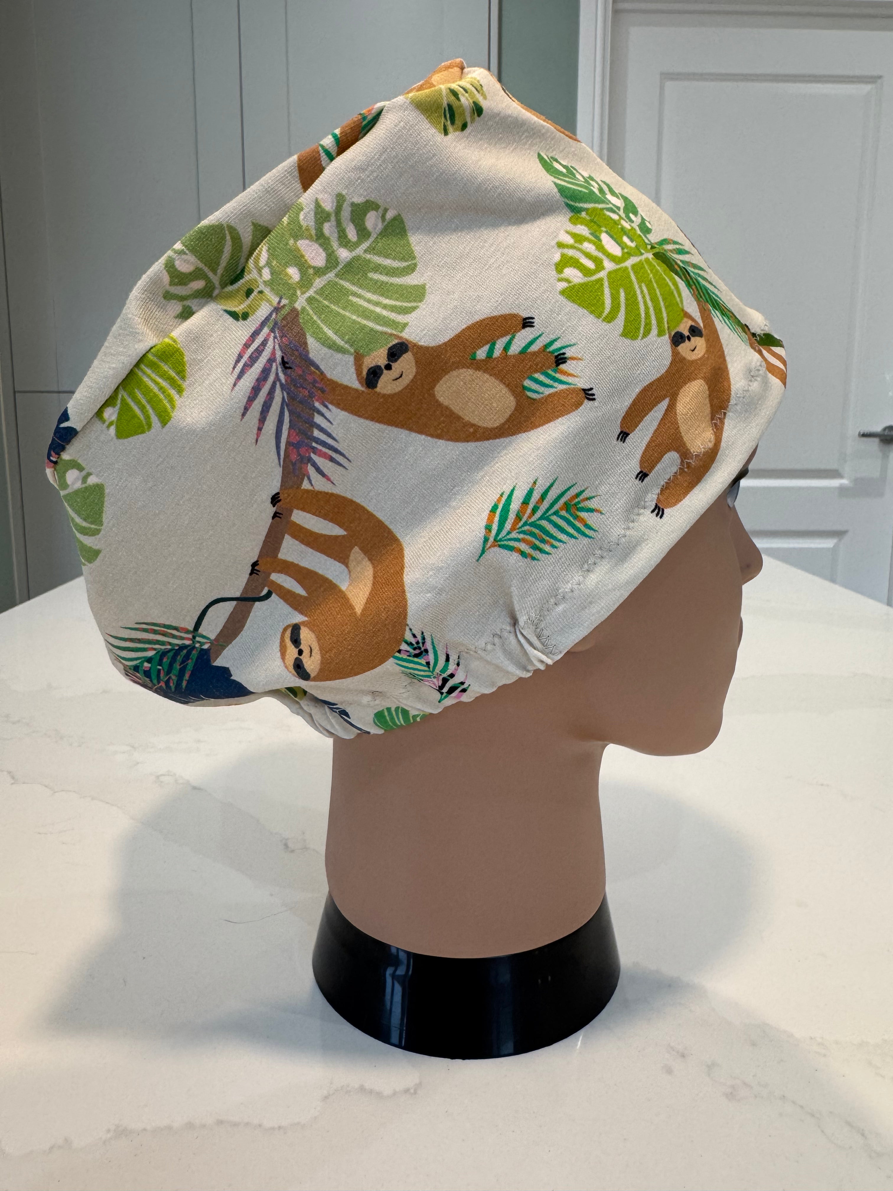 Sloths in Trees Soft Jersey Fabric theatre scrub cap / hat.  Ethically made. Standard and Large size
