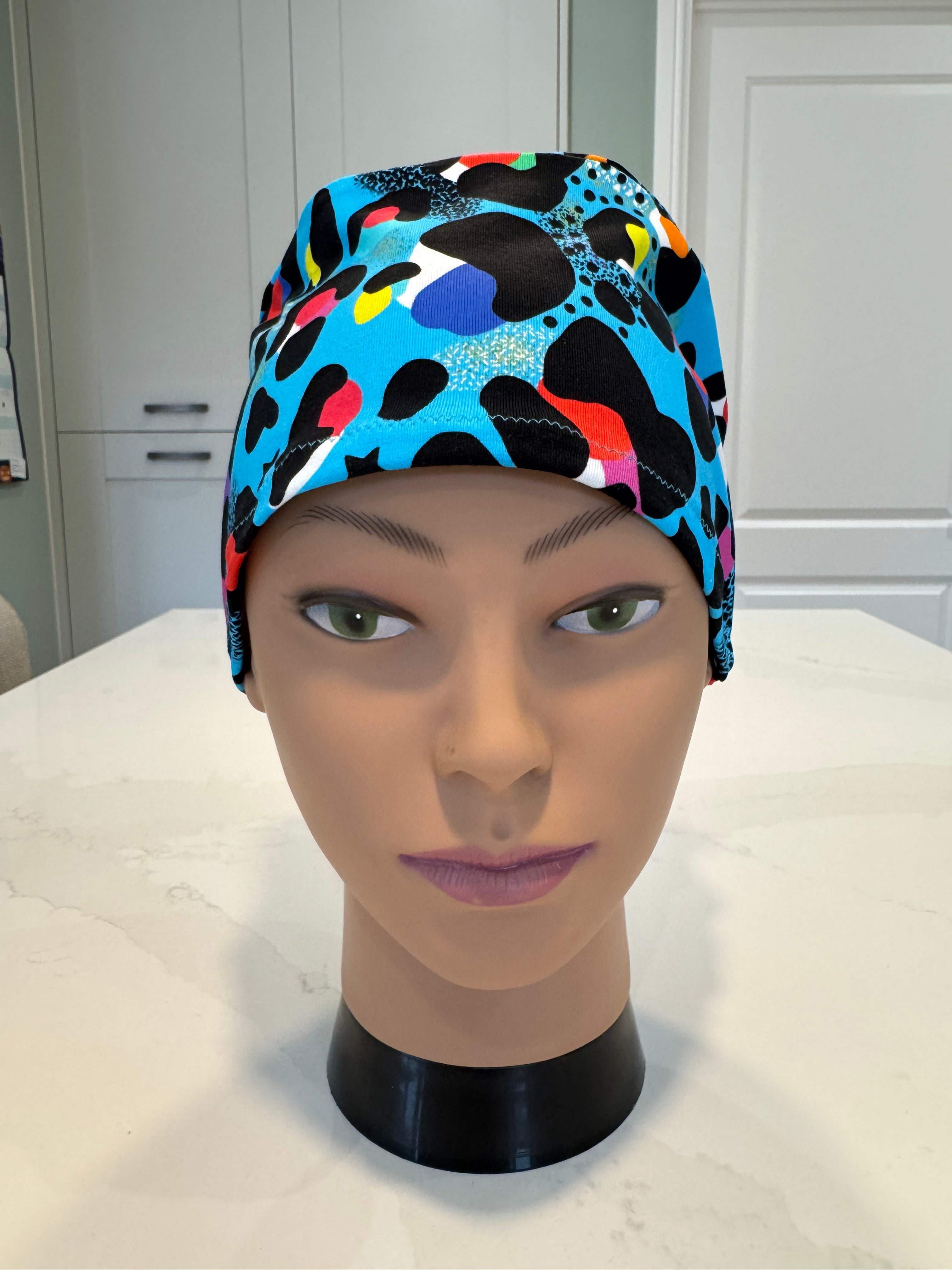 Turquoise Leopard Print Soft Jersey Fabric theatre scrub cap / hat.  Ethically made. Standard and Large size