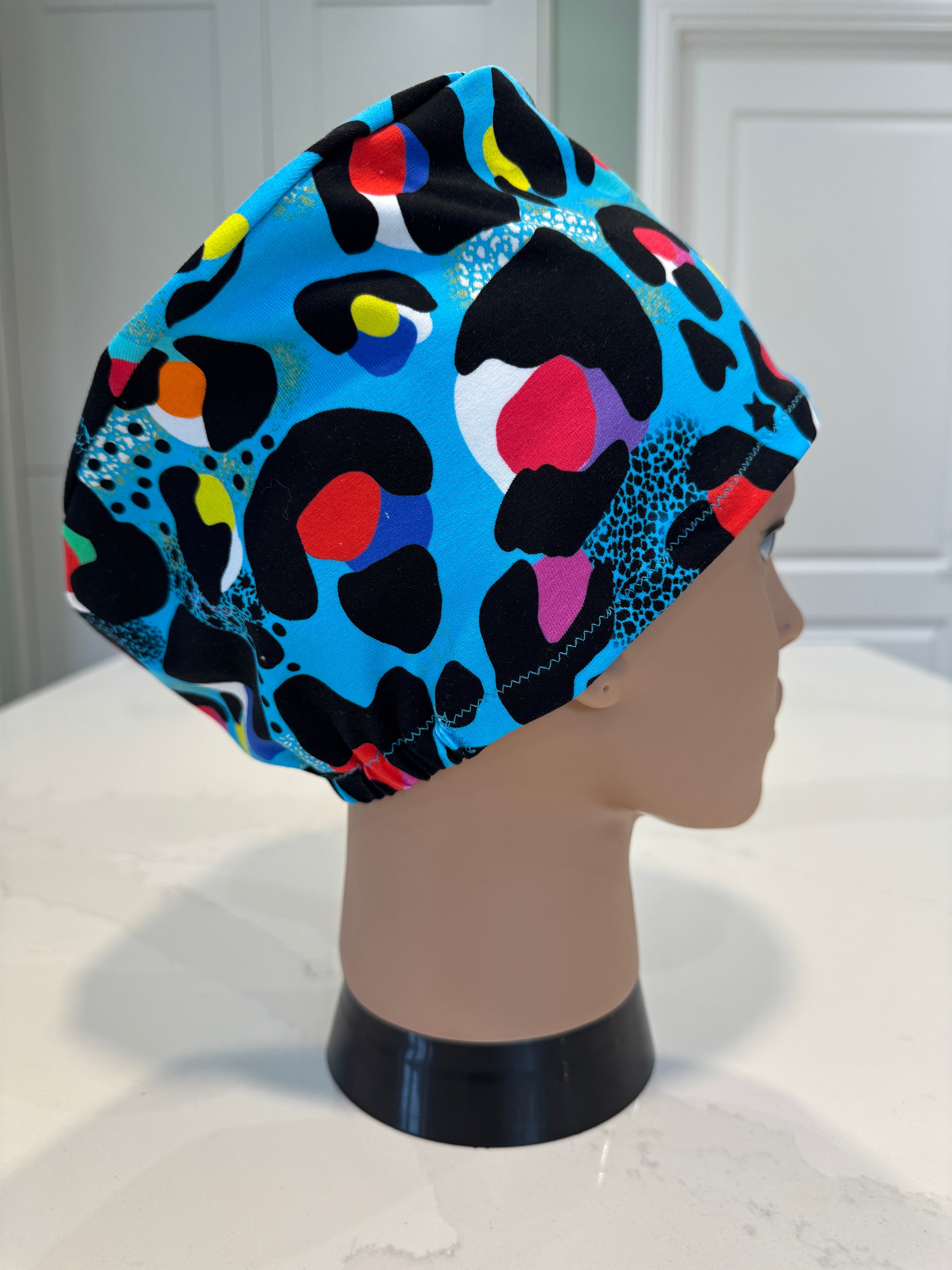 Turquoise Leopard Print Soft Jersey Fabric theatre scrub cap / hat.  Ethically made. Standard and Large size