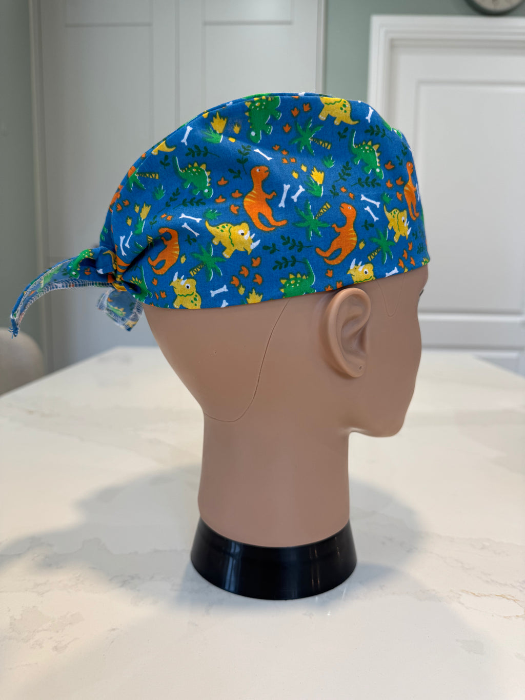 Blue Dinos and Bones 100% Cotton Tie-Back Surgical/Theatre Scrub Hat/Cap. UK Handmade