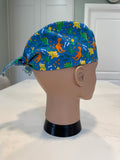 Blue Dinos and Bones 100% Cotton Tie-Back Surgical/Theatre Scrub Hat/Cap. UK Handmade